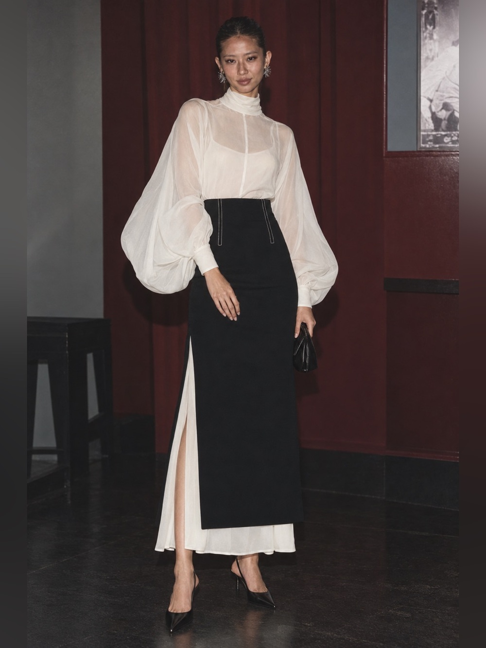 HELSA FWRD Revolve Layered Black & Ivory Wool Blend Maxi Skirt